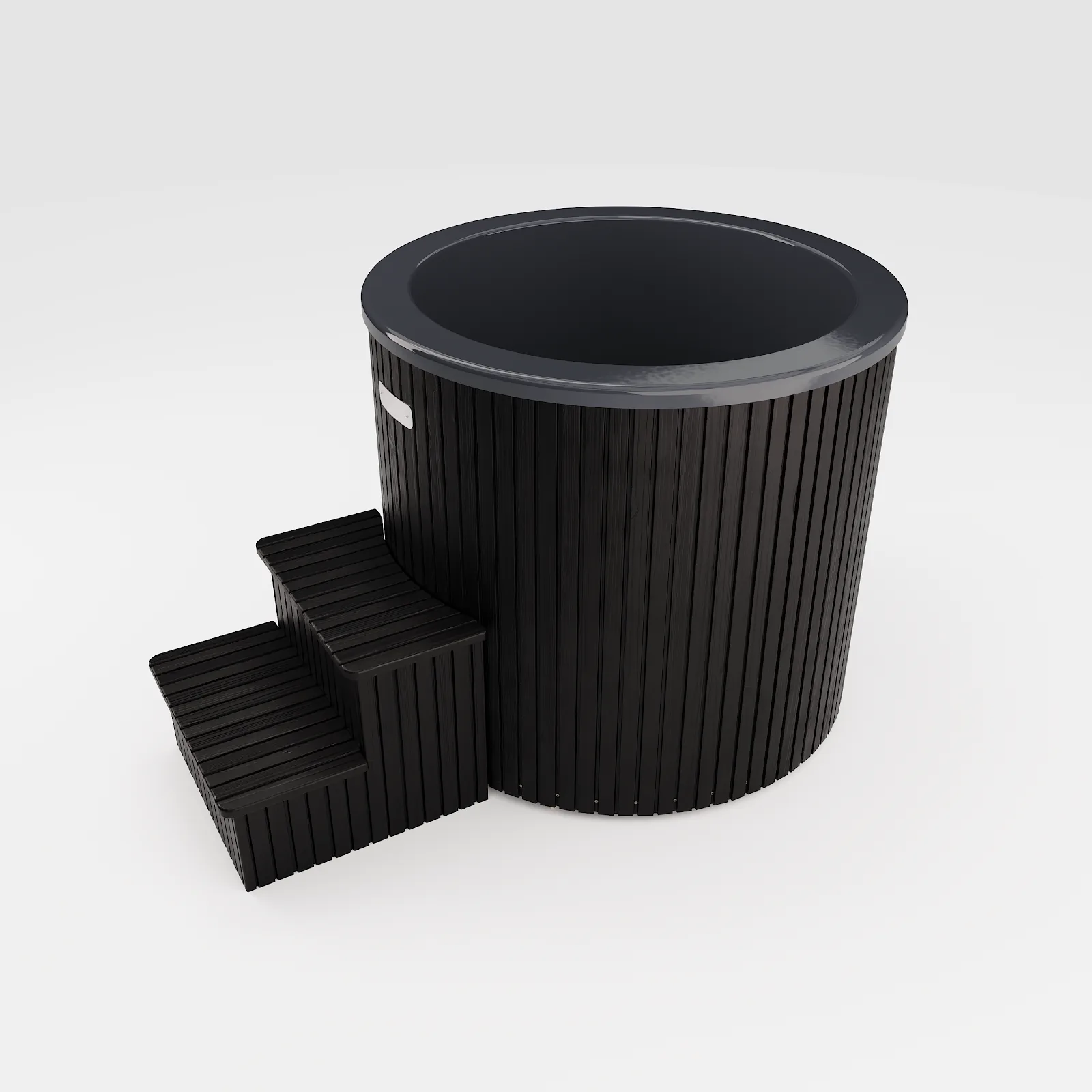 Bain froid rond noir avec marches, rendu fabricant